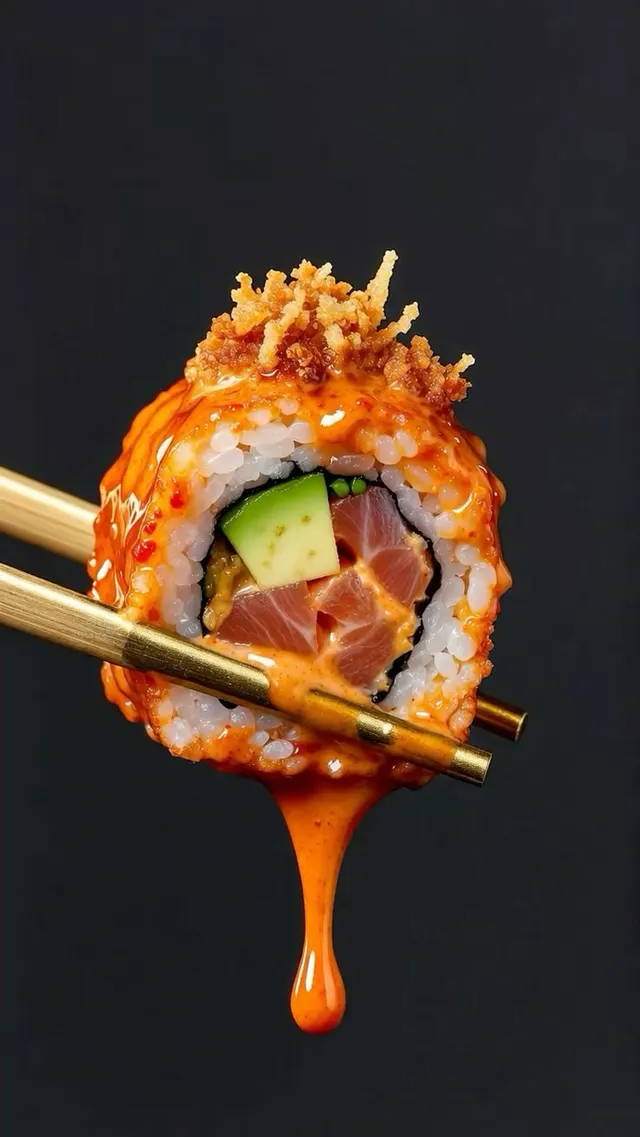 Rollo de sushi con salsa naranja y cobertura crujiente